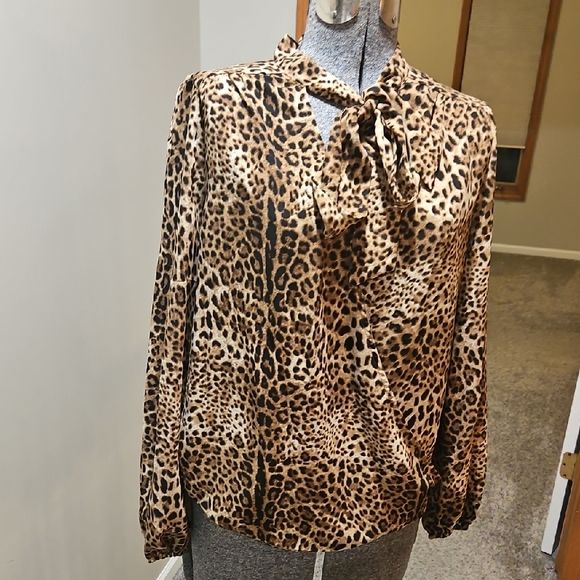 Pleione Tops - Pleione Leopard Print Neck Tie Wrap Blouse